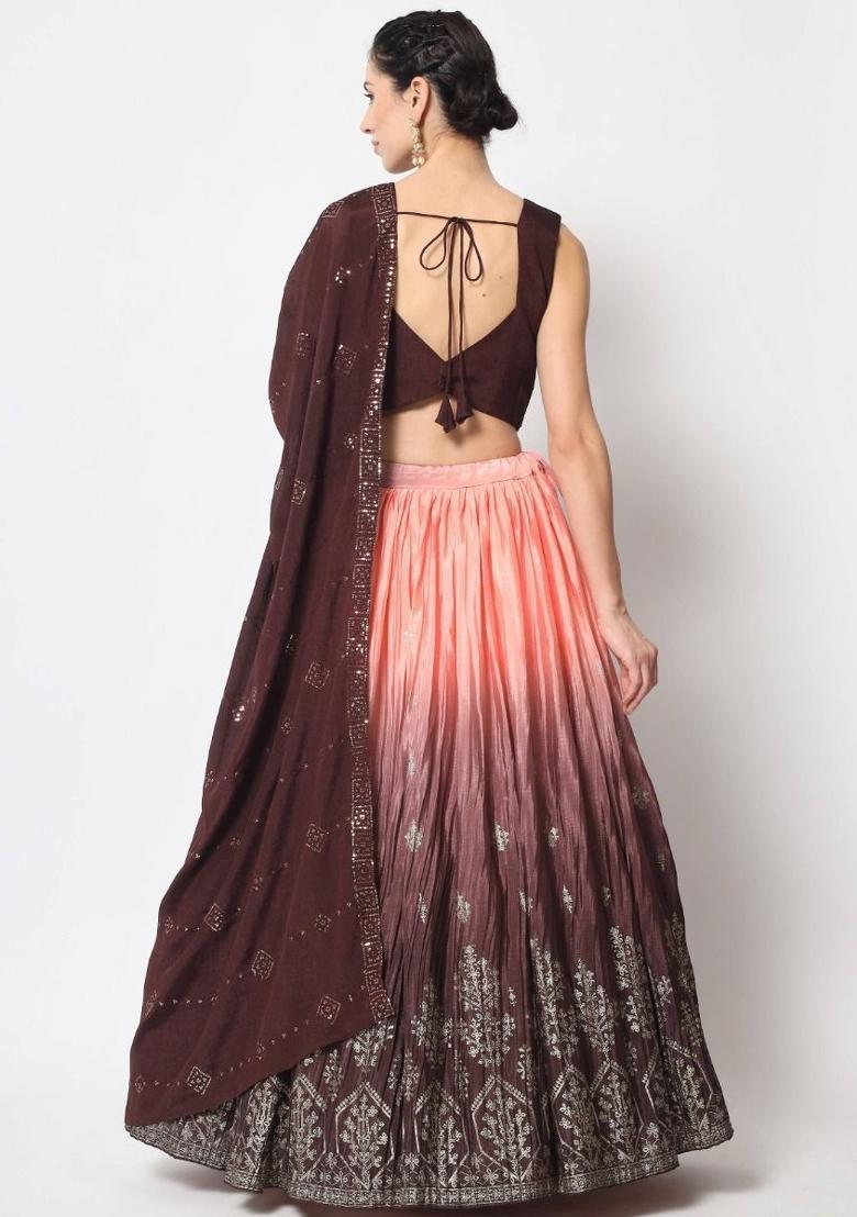 Brown Embroidered Silk Lehenga Set With Dupatta