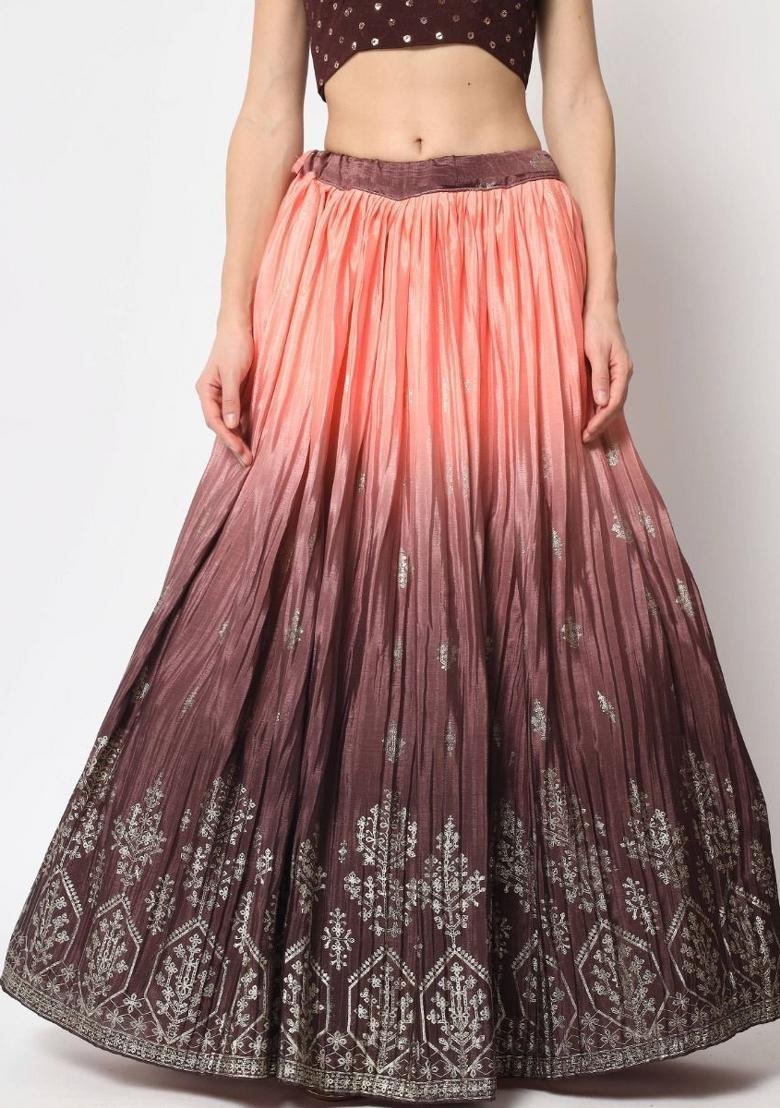 Brown Embroidered Silk Lehenga Set With Dupatta