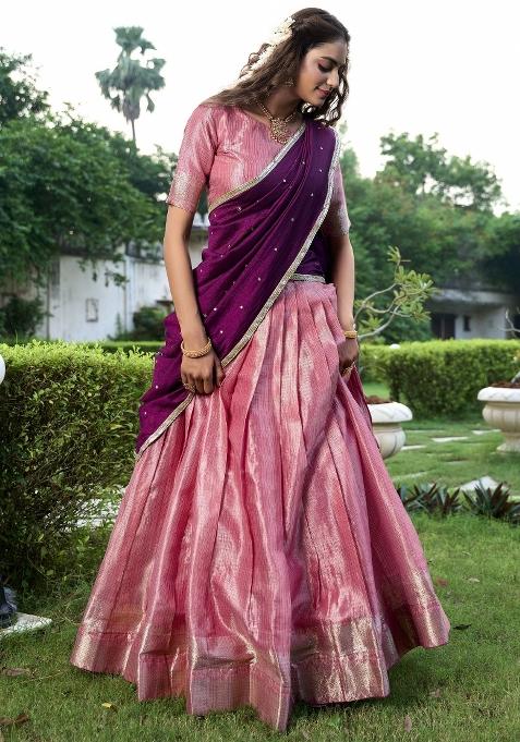 Pink Embroidered Silk Lehenga Set With Dupatta — view on Indya