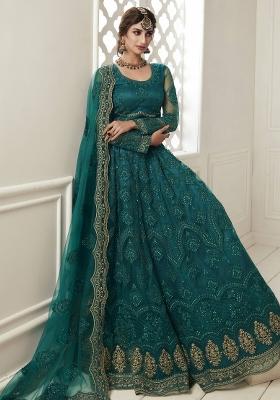 Green Embroidered Net Lehenga Set With Dupatta