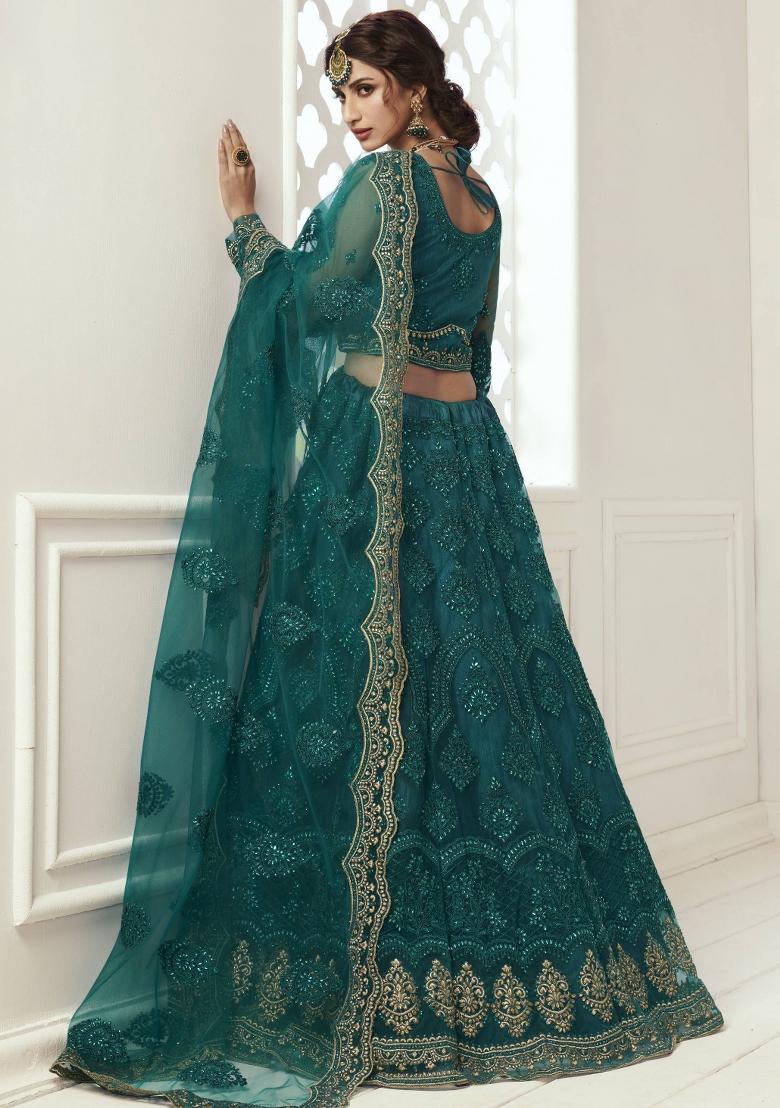Green Embroidered Net Lehenga Set With Dupatta