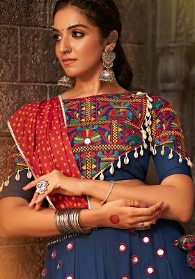 Blue Embroidered Rayon Lehenga Set With Dupatta