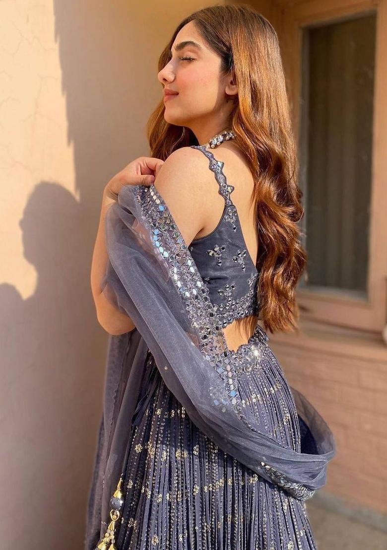 Grey Embroidered Georgette Lehenga Set With Dupatta