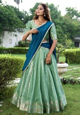 Green Embroidered Silk Lehenga Set With Dupatta