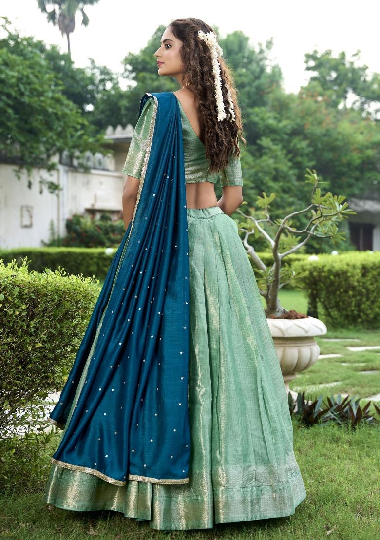 Green Embroidered Silk Lehenga Set With Dupatta