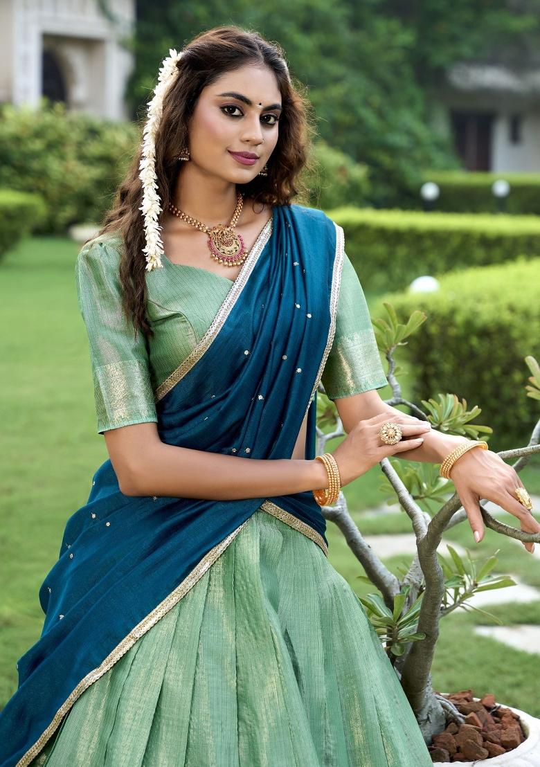 Green Embroidered Silk Lehenga Set With Dupatta