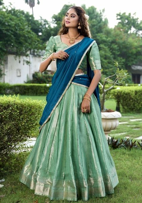 Green Embroidered Silk Lehenga Set With Dupatta — view on Indya