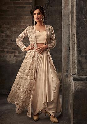 Beige Digital Print Net Lehenga Set