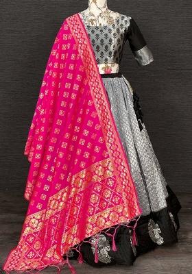 Black Embroidered Jacquard Lehenga Set With Dupatta