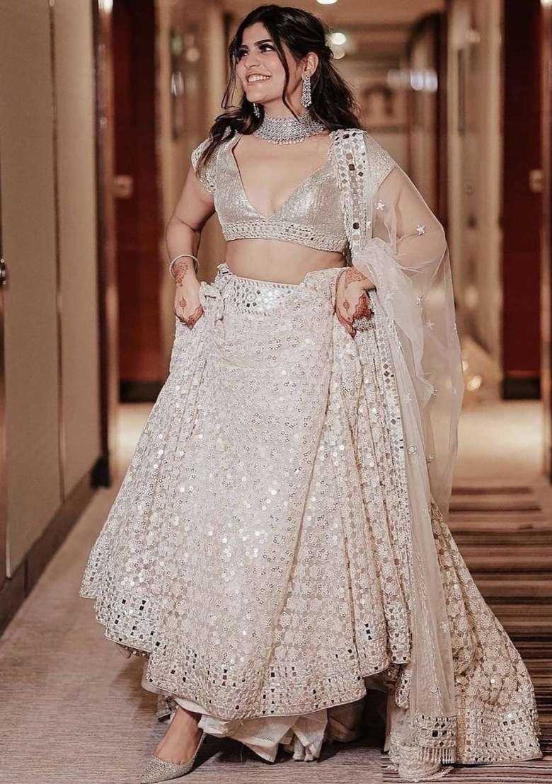 Cream Embroidered Georgette Lehenga Set With Dupatta - Indya