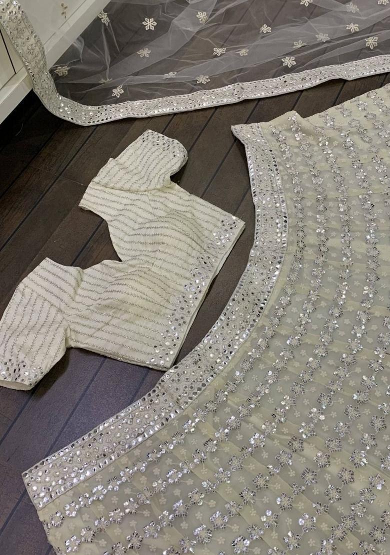 Cream Embroidered Georgette Lehenga Set With Dupatta