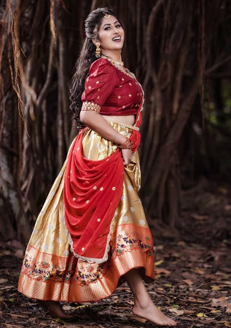 Golden Embroidered Silk Lehenga Set With Dupatta