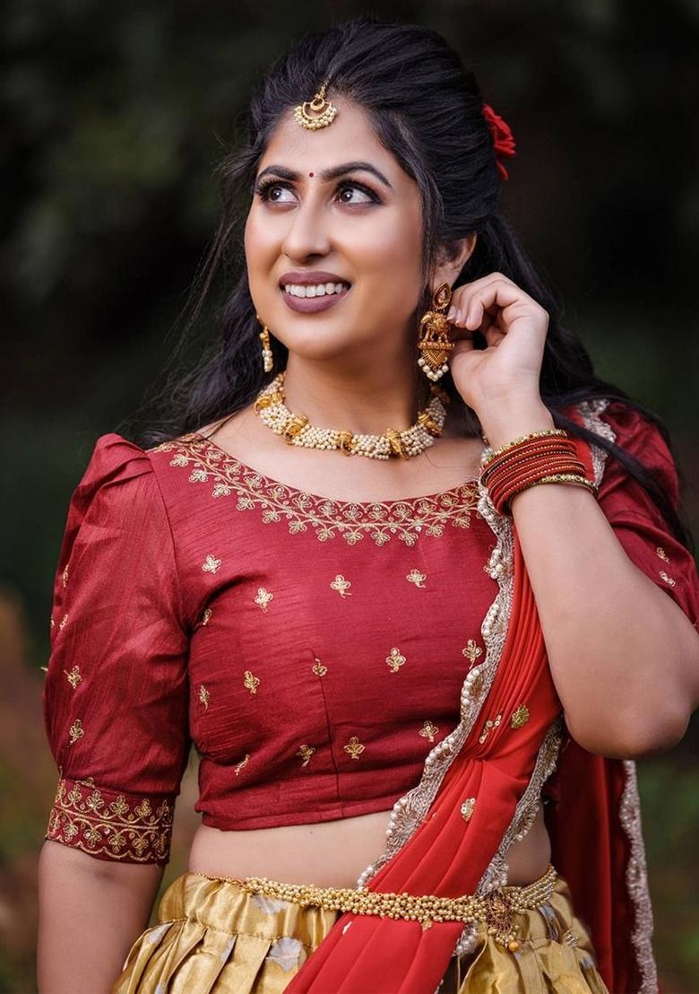 Golden Embroidered Silk Lehenga Set With Dupatta