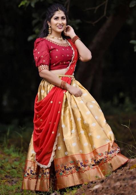 Golden Embroidered Silk Lehenga Set With Dupatta