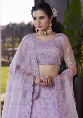 Lavender Embroidered Silk Lehenga Set With Dupatta