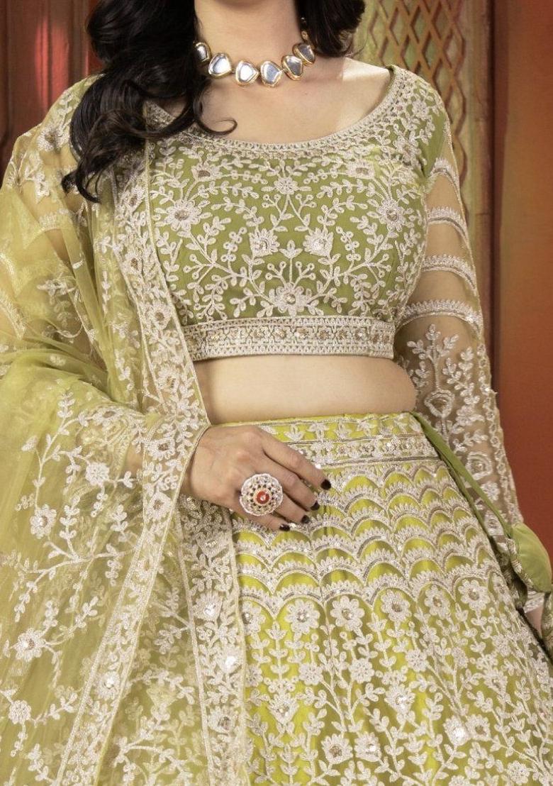Green Embroidered Georgette Lehenga Set With Dupatta