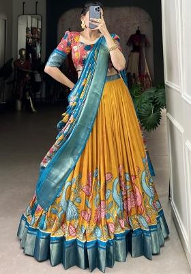Yellow Printed Jacquard Lehenga Set With Dupatta