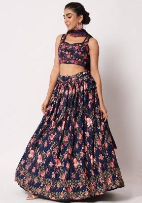 Navy Blue Embroidered Silk Lehenga Set With Dupatta