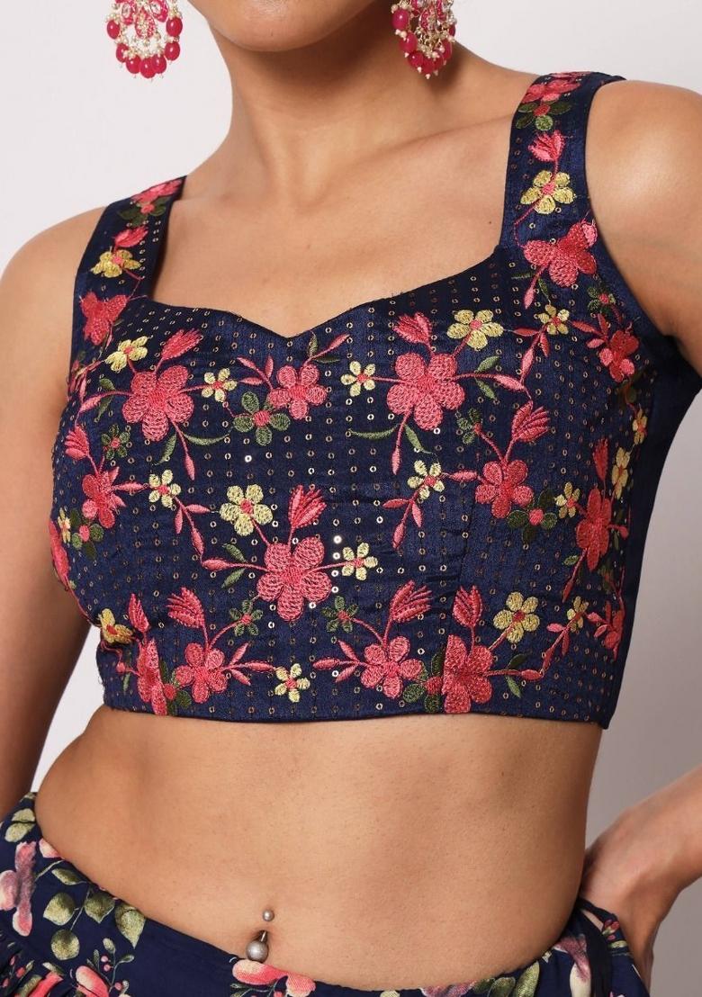 Navy Blue Embroidered Silk Lehenga Set With Dupatta