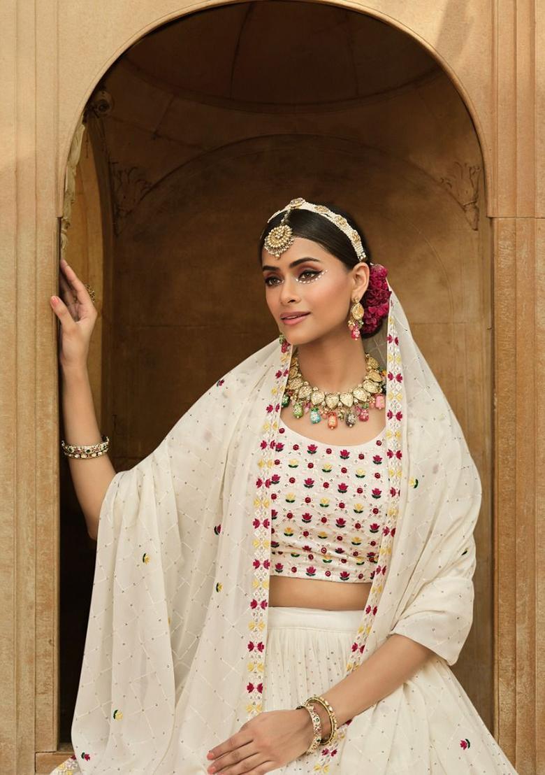 Off White Embroidered Georgette Lehenga Set With Dupatta