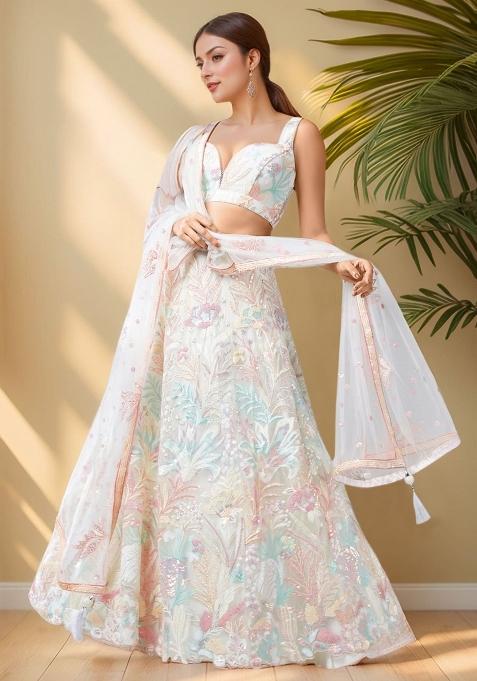 Off White Embroidered Net Lehenga Set With Dupatta