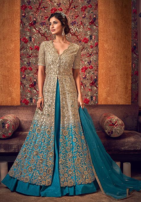 Beige And Blue Digital Print Net Lehenga Set