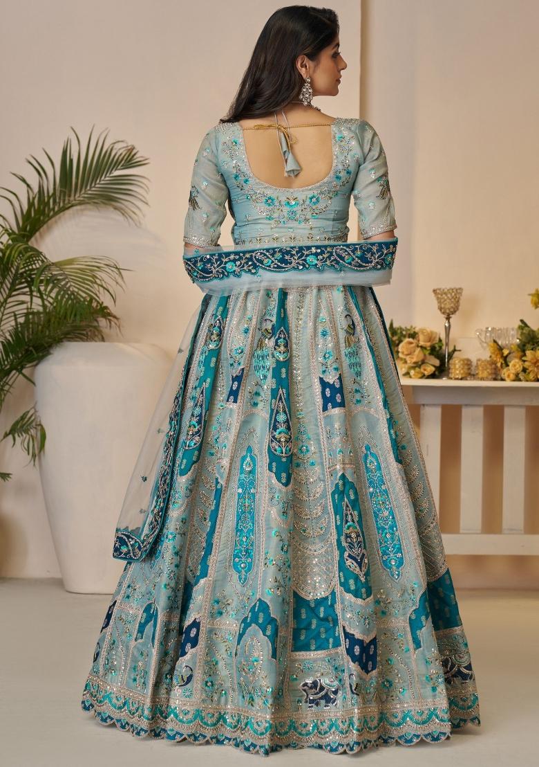 Sky Blue Embroidered Silk Lehenga Set With Dupatta