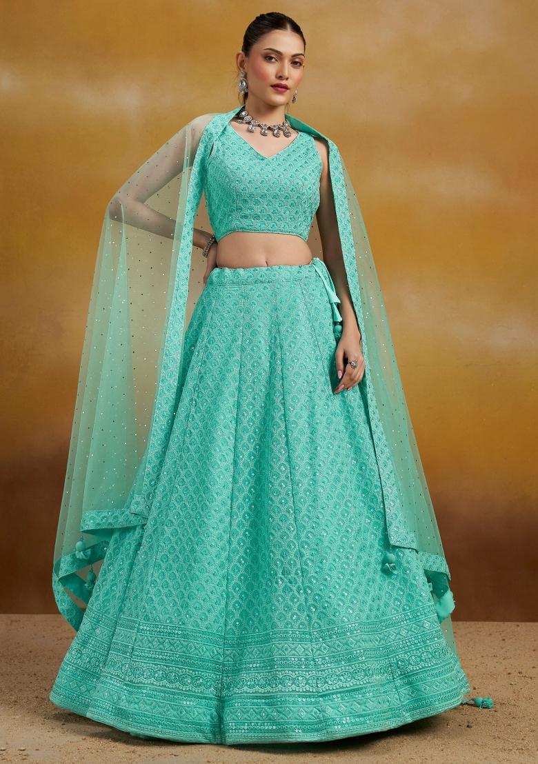 Sky Blue Embroidered Georgette Lehenga Set With Dupatta