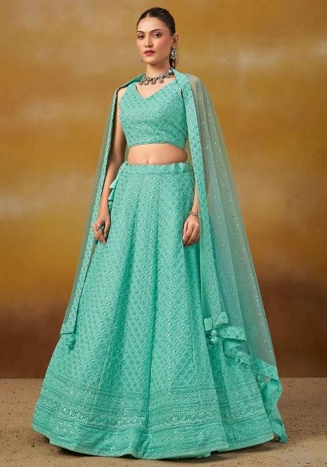 Sky Blue Embroidered Georgette Lehenga Set With Dupatta