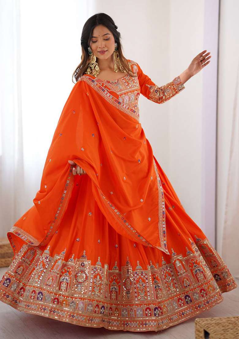 Orange With Dupatta Silk Blend Lehenga Set with Embroidered for Diwali | Wedding & Festive Wear - Indya