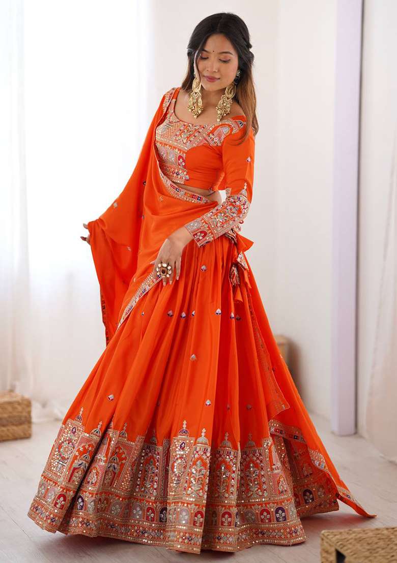 Orange With Dupatta Silk Blend Lehenga Set with Embroidered for Diwali | Wedding & Festive Wear - Indya