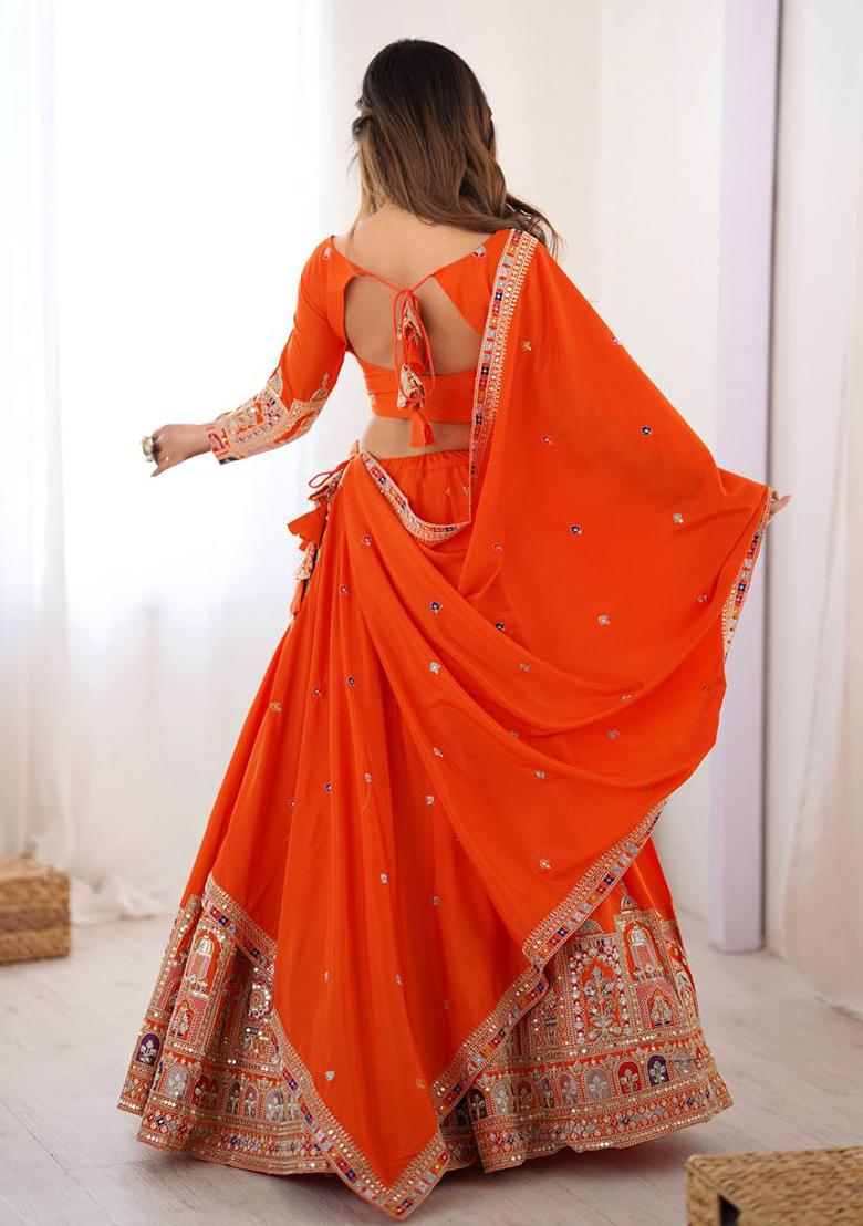 Orange Embroidered Silk Lehenga Set With Dupatta