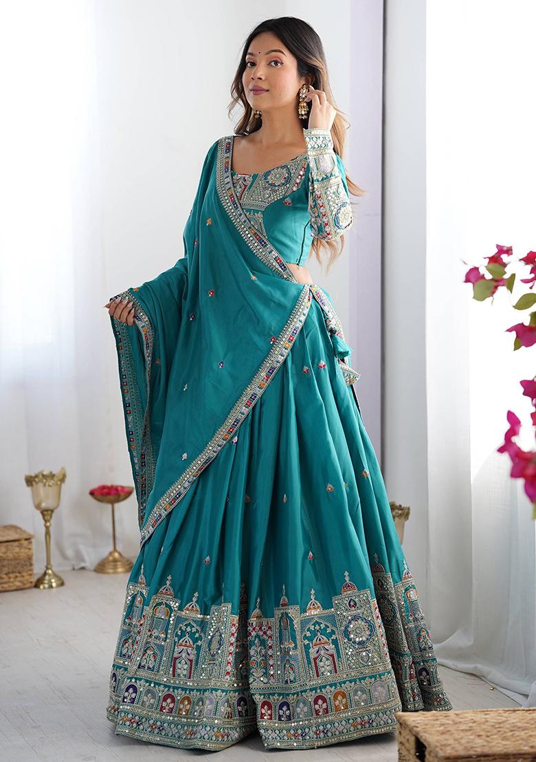 Teel Green Embroidered Silk Lehenga Set With Dupatta