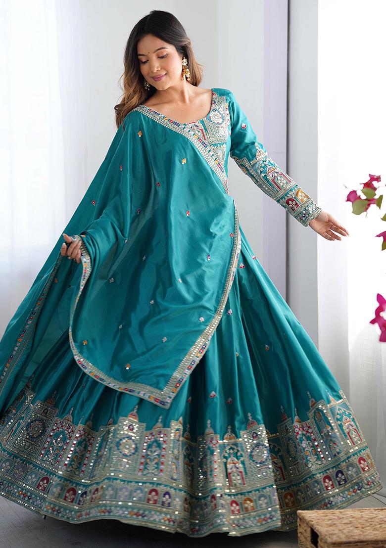 Teel Green Embroidered Silk Lehenga Set With Dupatta
