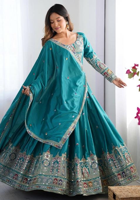 Teel Green Embroidered Silk Lehenga Set With Dupatta