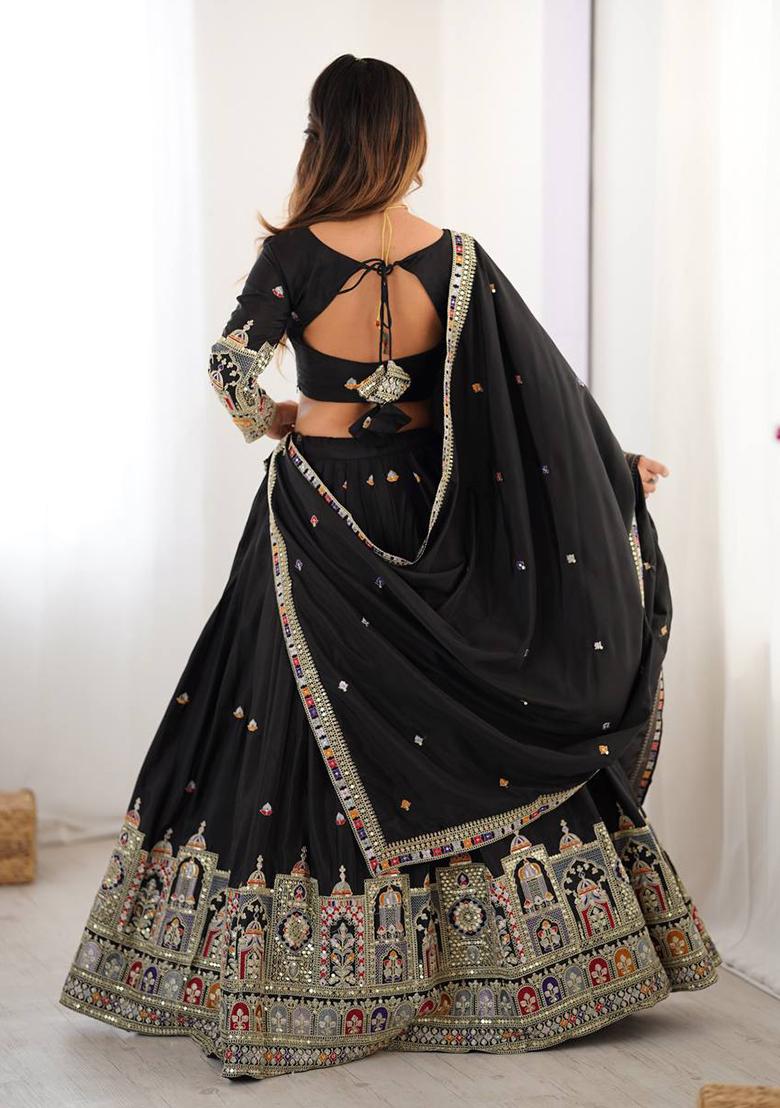 Black Embroidered Silk Lehenga Set With Dupatta