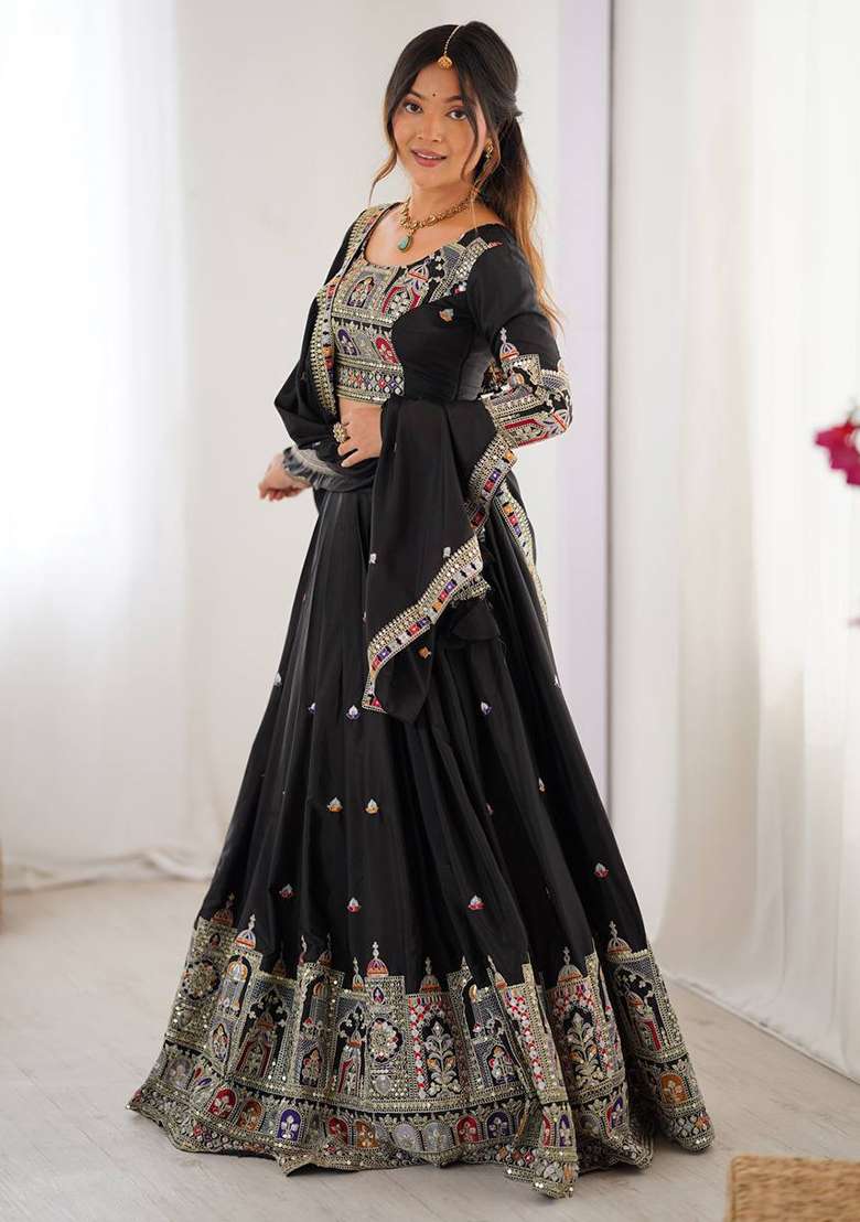 Black With Dupatta Silk Blend Lehenga Set with Embroidered for Diwali | Wedding & Festive Wear - Indya