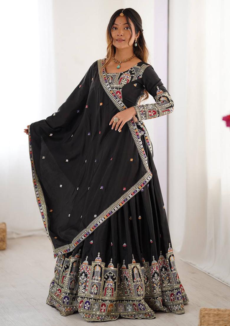Black Embroidered Silk Lehenga Set With Dupatta