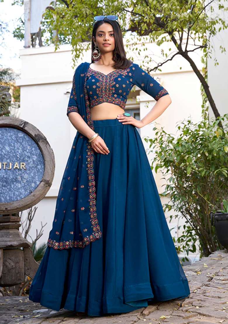 Blue Embroidered Georgette Lehenga Set With Dupatta for Diwali and Festive Wear - Indya