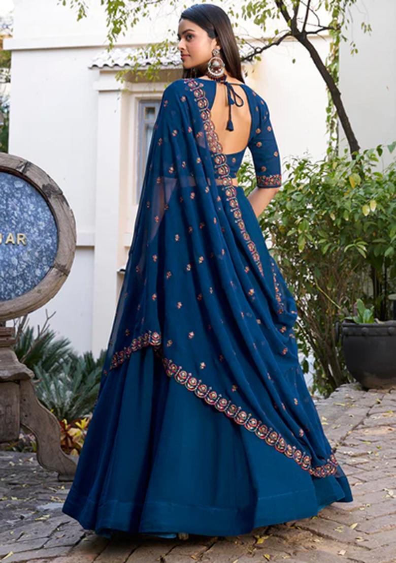 Blue Embroidered Georgette Lehenga Set With Dupatta