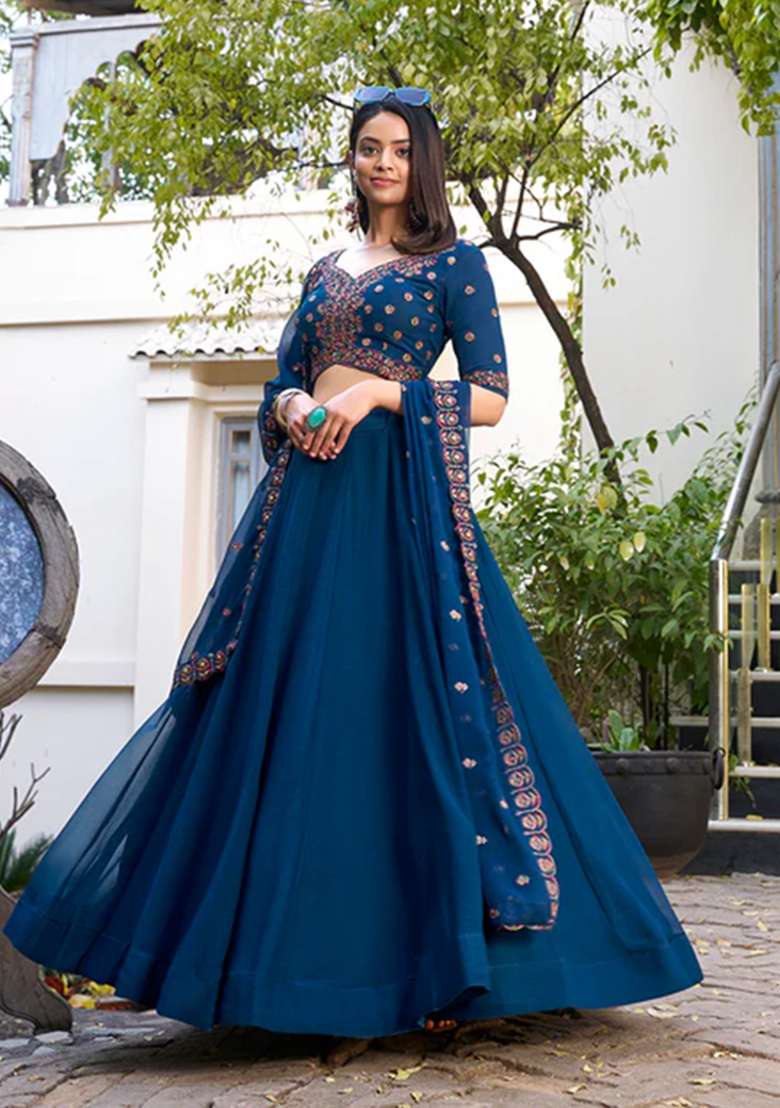 Blue Embroidered Georgette Lehenga Set With Dupatta for Diwali and Festive Wear - Indya