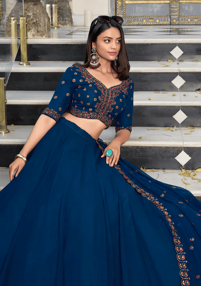 Blue Embroidered Georgette Lehenga Set With Dupatta