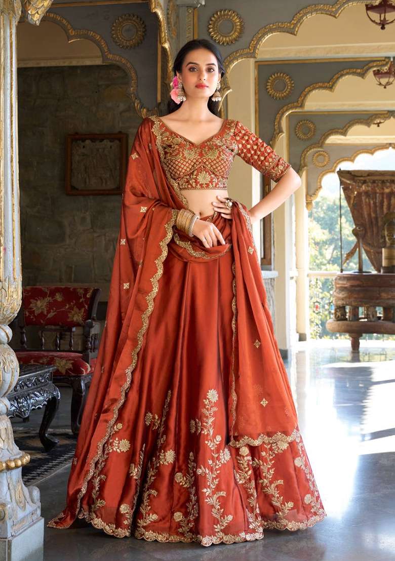 Orange Rangoli With Dupatta Silk Blend Lehenga Set with Embroidered for Diwali | Wedding & Festive Wear - Indya