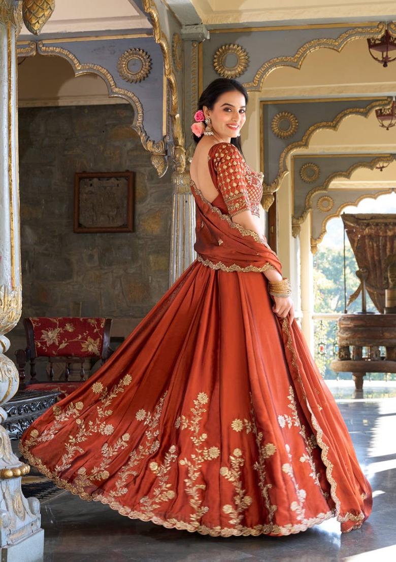 Orange Embroidered Rangoli Silk Lehenga Set With Dupatta