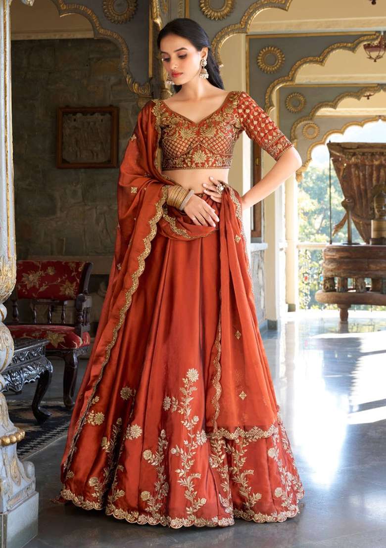 Orange Rangoli With Dupatta Silk Blend Lehenga Set with Embroidered for Diwali | Wedding & Festive Wear - Indya