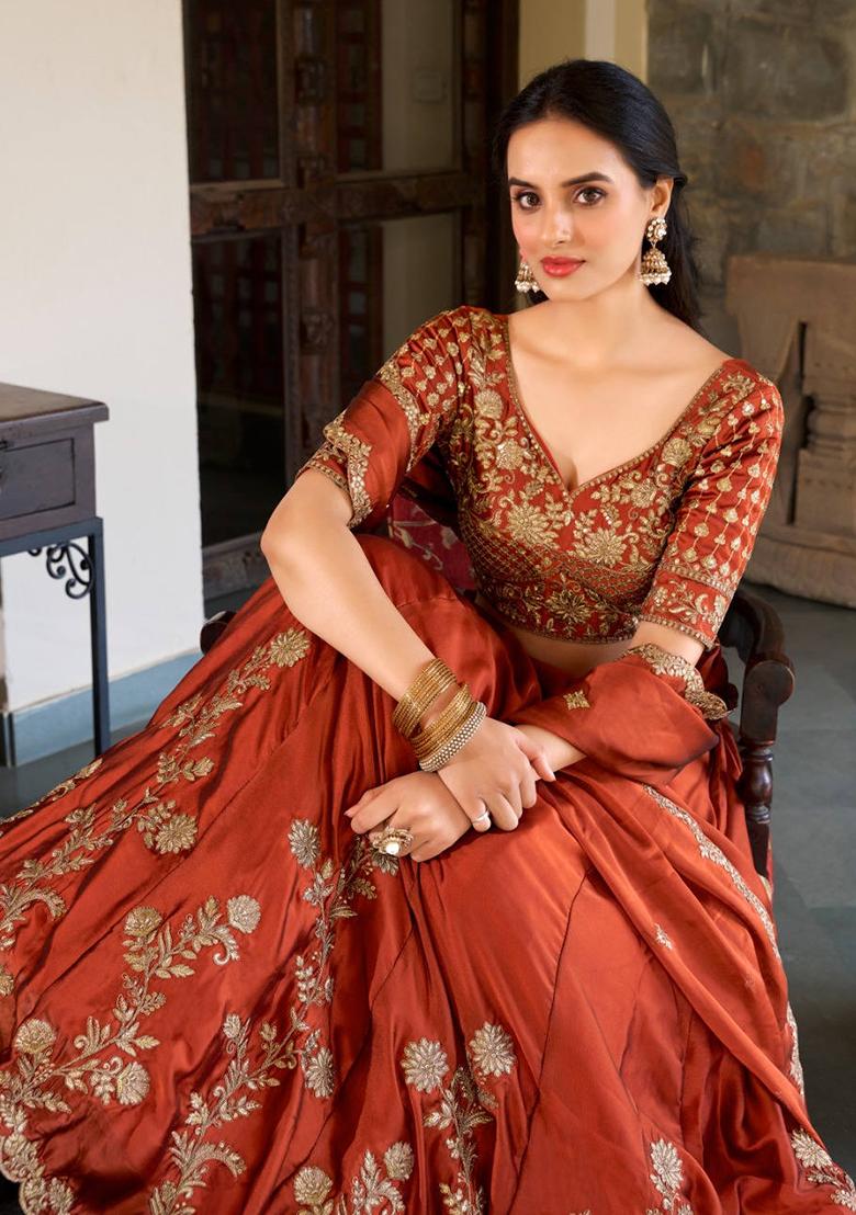 Orange Embroidered Rangoli Silk Lehenga Set With Dupatta