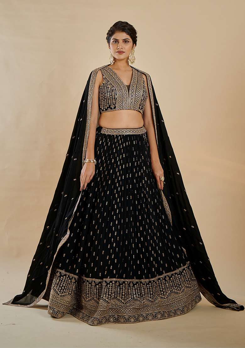 Black Embroidered Georgette Lehenga Set With Dupatta - Indya