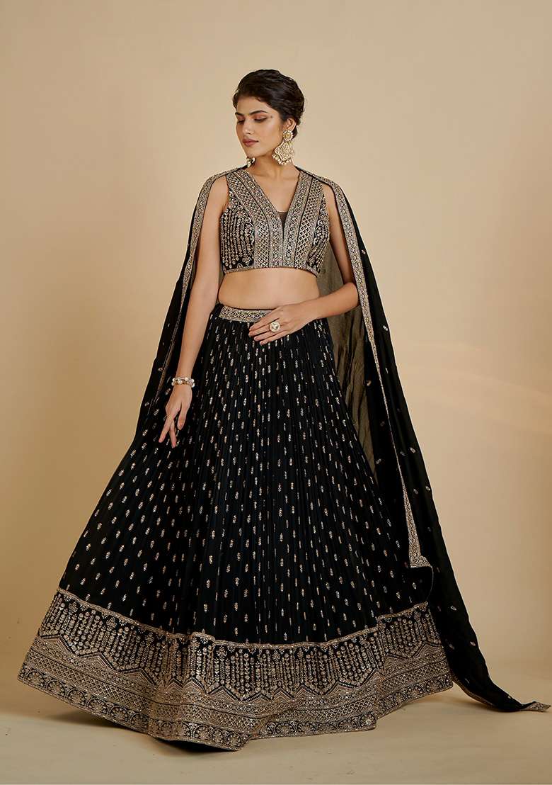 Black Embroidered Georgette Lehenga Set With Dupatta - Indya