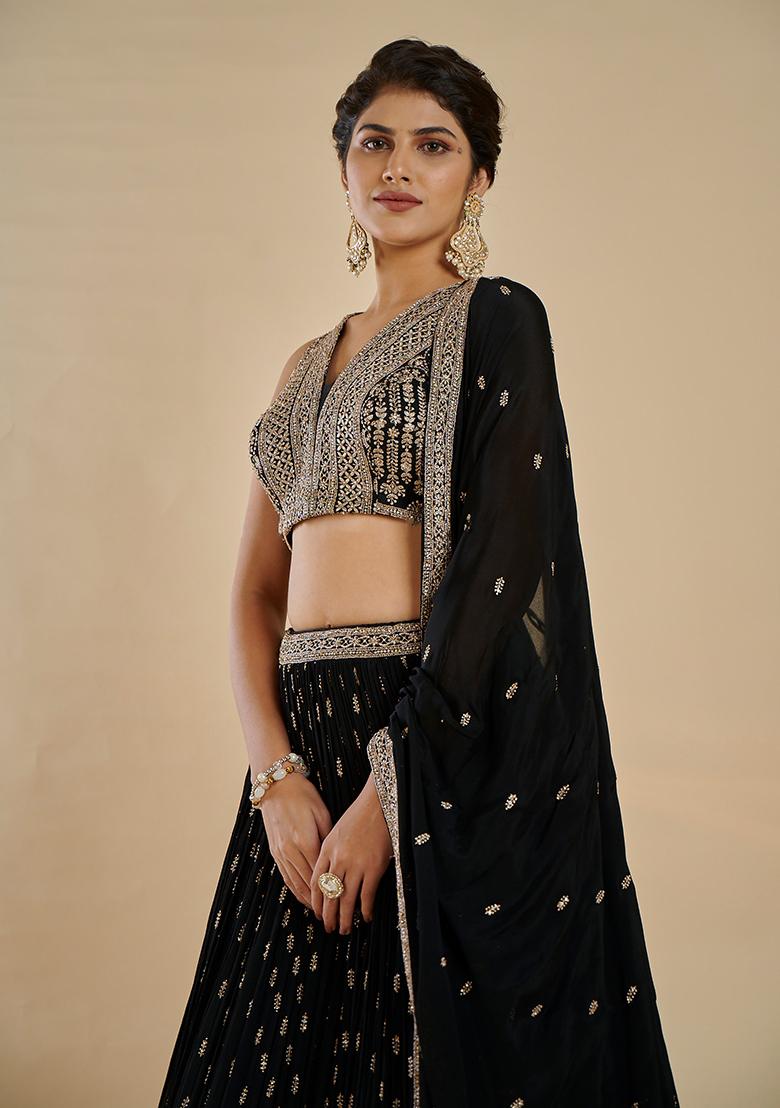 Black Embroidered Georgette Lehenga Set With Dupatta