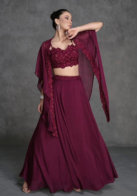 Wine Digital Print Georgette Lehenga Set